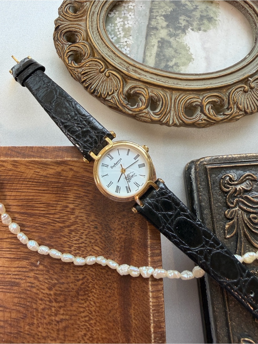 Burberry Black Leather Strap Gold Case Women's Watch